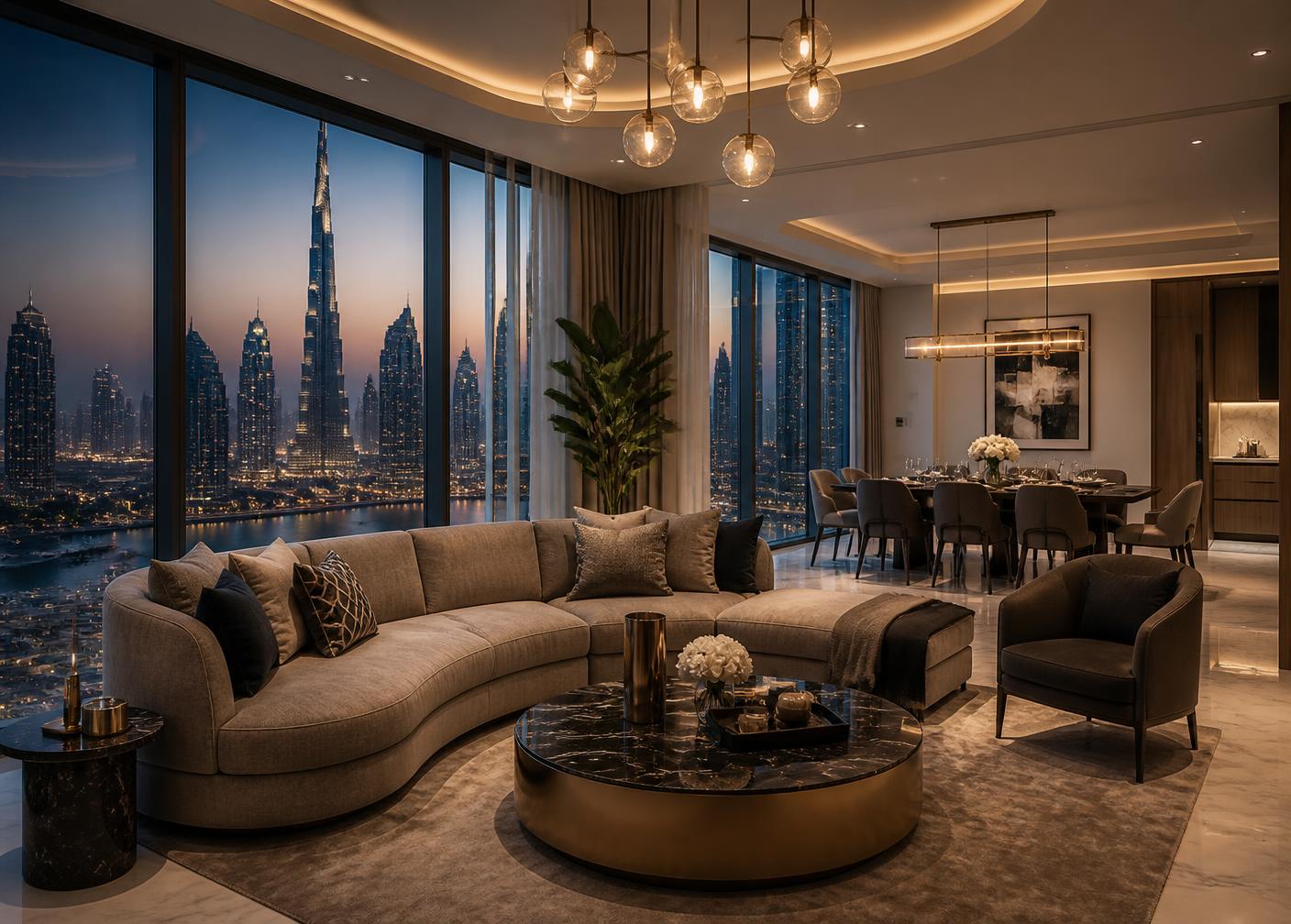 Luxury apartment interior overlooking the Sharjah skyline