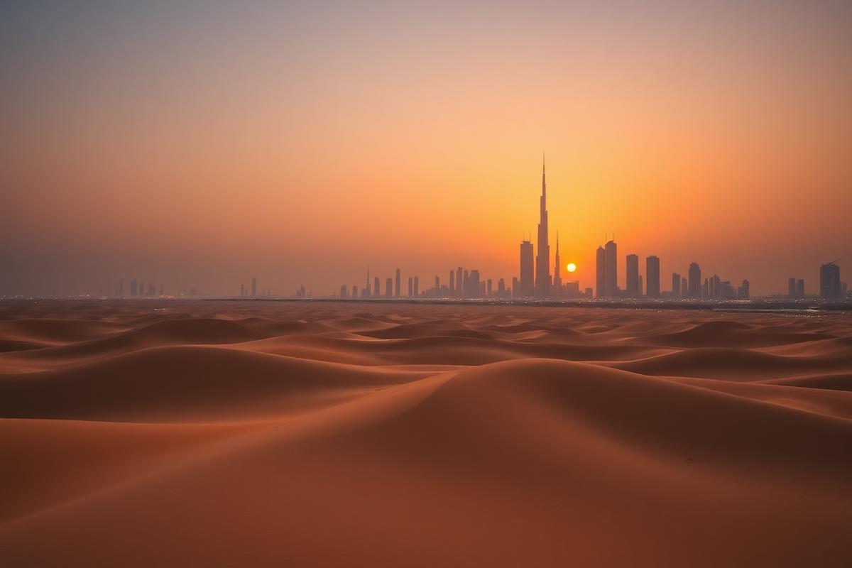 UAE skyline at sunset beyond the desert